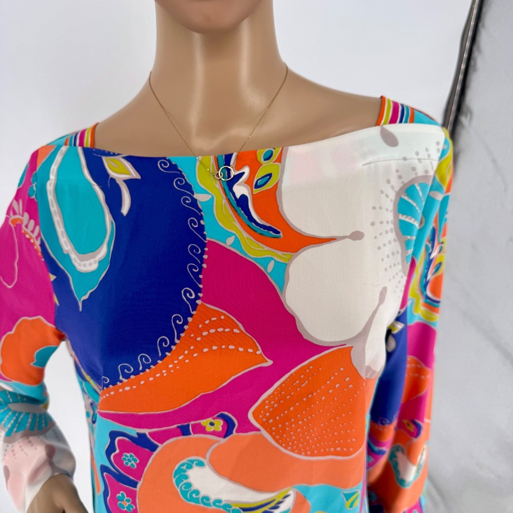 Trina Turk Silk Blouse Womens Medium Multicolored Floral Boat Neck Top - Picture 3 of 16